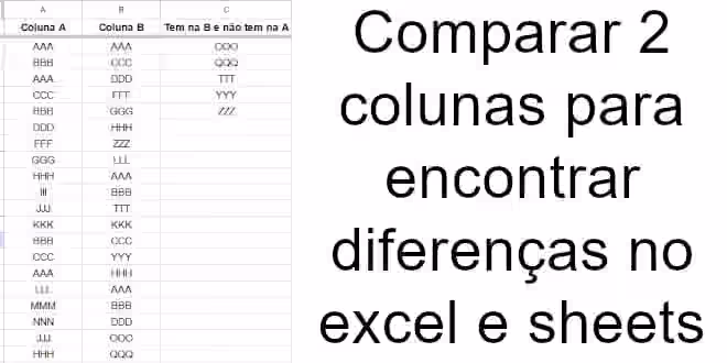 Comparar 2 colunas para encontrar diferenças no excel e sheets