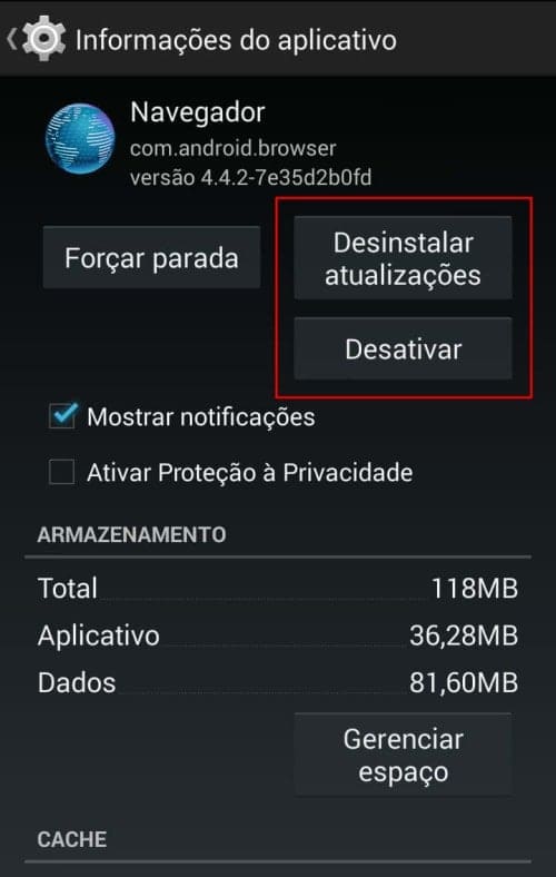 desativar app remover atualizacao