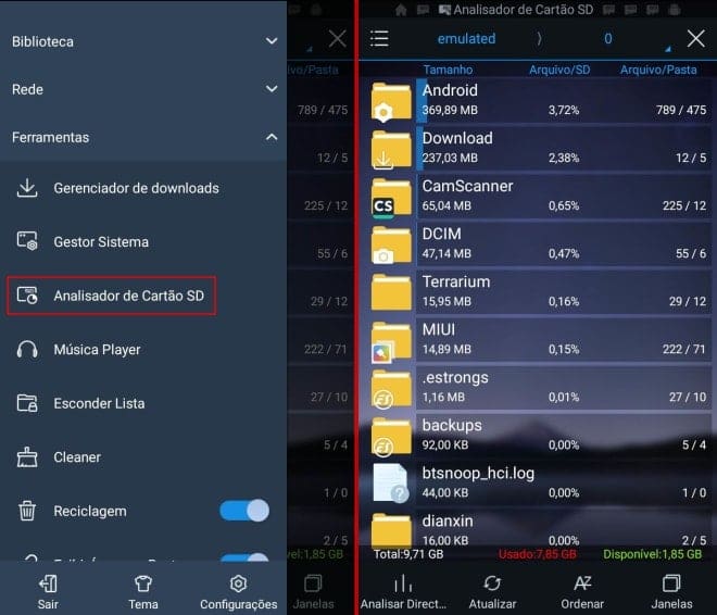 encontrar maiores arquivos android es file explorer