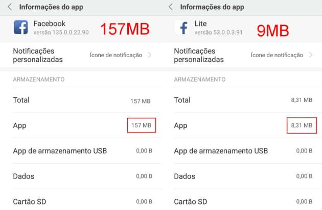 facebook vs facebook lite tamanho app