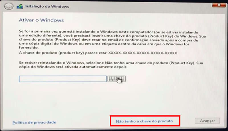 windows 10 nao tenho chave produto